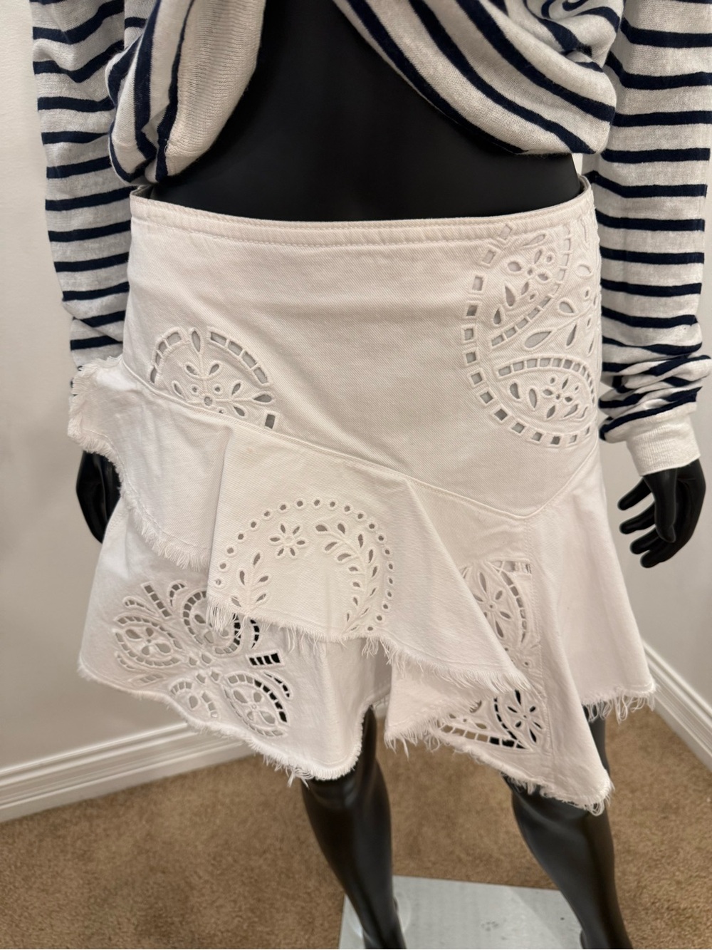 Isabel Marant White Eyelet Embroidered Asymmetrical Ruffle Jeans Skirt40IT/S